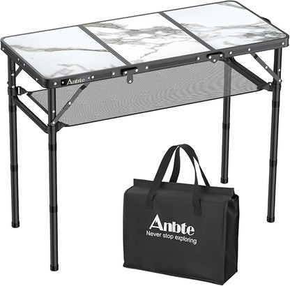 Anbte Folding Camping Table, Aluminum Small Folding Table 3 Adjustable Height Max 27.5", Portable Table with Carry Handle, Lightweight, for Outdoor Indoor Travel Camping Picnic BBQ, 34.6" x 15.7"