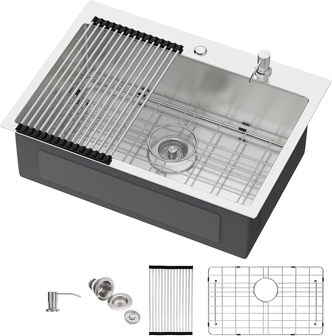 Drop in Kitchen Sink 25X18 Inch 16 Gauge Stainless Steel Handmade Topmount Kitchen Sink Single Bowl - 8 Inches Deep