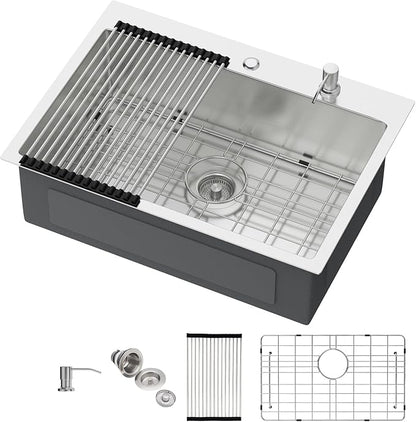 Drop in Kitchen Sink 25X18 Inch 16 Gauge Stainless Steel Handmade Topmount Kitchen Sink Single Bowl - 8 Inches Deep