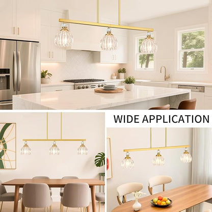 Gold Island Light for Kitchen, 3-Light Linear Chandelier for Kitchen Island with Tulip Glass Shades, Brushed Gold Finish Hanging Light Pendant Fixture Over Dining Table