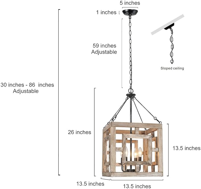 Farmhouse Chandelier, Rustic Square Wood Pendant Chandeliers Haning Light Fixture for Dining Room, Bedrooms, Living Room, Entryway