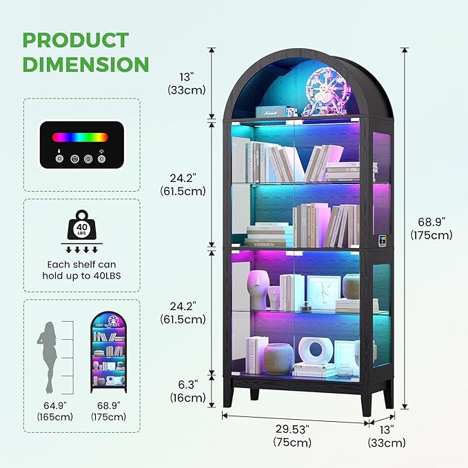 HNEBC Arched Book Shelf with Glass Doors, LED Bookcase with RGB Lights, 5 Tier Cabinet Has 9-Cube Storage, 69" Display Cabinet for Living Room,Bedroom(Black)