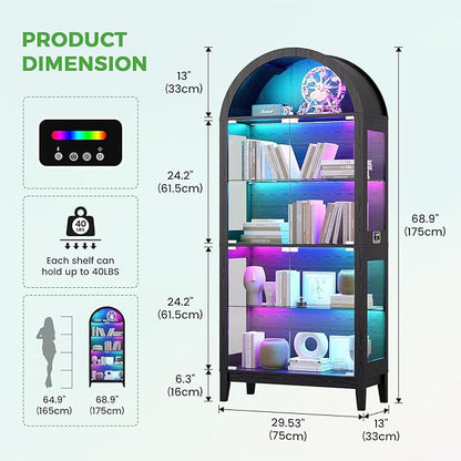 HNEBC Arched Book Shelf with Glass Doors, LED Bookcase with RGB Lights, 5 Tier Cabinet Has 9-Cube Storage, 69" Display Cabinet for Living Room,Bedroom(Black)