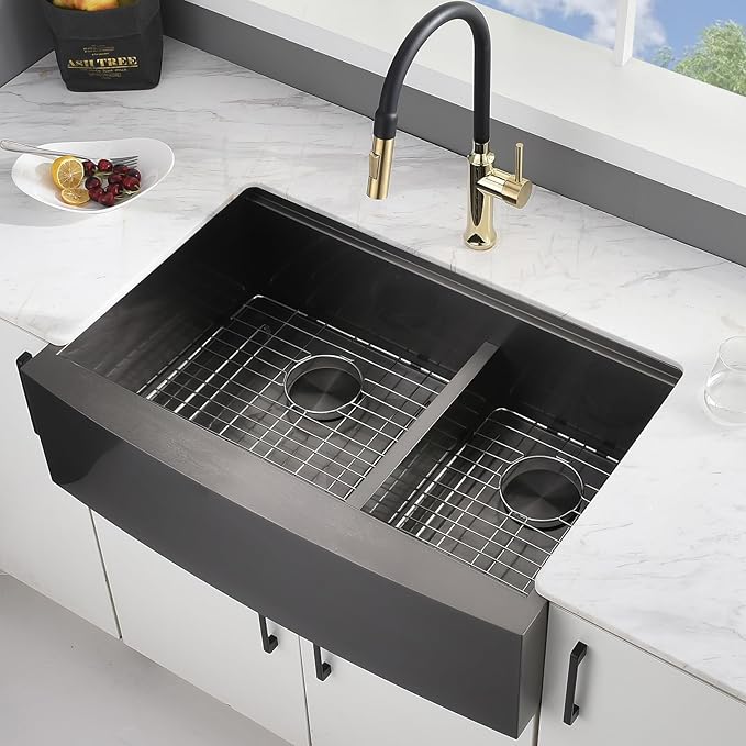 33x22 Double Bowl Farm Sink for Kitchens Workstation - 33 Inch Black Stainless Steel Farmhouse Kitchen Sink Double Bowl, Apron Undermount Double Kitchen Sink with Accessories