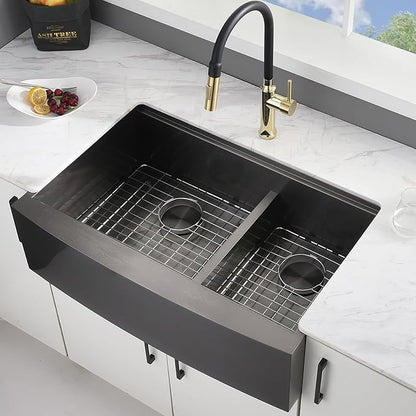 33x22 Double Bowl Farm Sink for Kitchens Workstation - 33 Inch Black Stainless Steel Farmhouse Kitchen Sink Double Bowl, Apron Undermount Double Kitchen Sink with Accessories