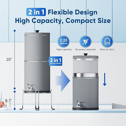Purewell 3-Stage 0.01μm Ultra-Filtration Gravity Water Filter System, NSF/ANSI 42&372 Certification, 304 Stainless Steel Countertop System with 2 Filters and Stand, Reduce 99% Chlorine, 2.25G, PW-OB