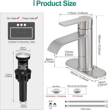 VOTON Waterfall Bathroom Faucet Brushed Nickel, Single Handle 1 or 3 Hole Modern Sink Faucet with Deck Plate & Pop-Up Drain, Vanity Washbasin Tap