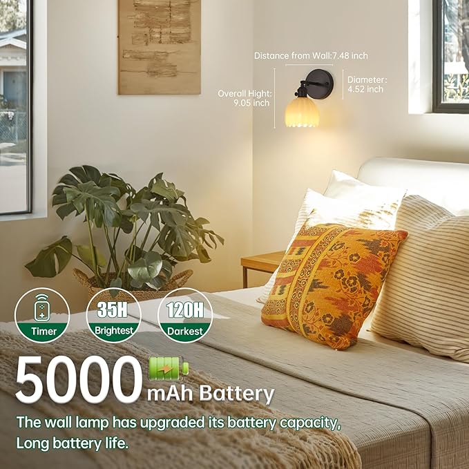 Shenmoyl Vintage Wall Sconce Set of 2 - Rechargeable Battery Powered with Remote Control, Pastel Yellow Tulip Glass Lampshade (5000mAh) for Bedroom/Doorway