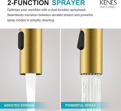 KENES Brushed Gold Centerset Bathroom Faucet with Pull Out Sprayer, 4 Inch 2 Handle Pull Down Bathroom Faucet 3 Hole, Bathroom Sink Faucet with Pop Up Drain & Supply Lines LJ-9069-4