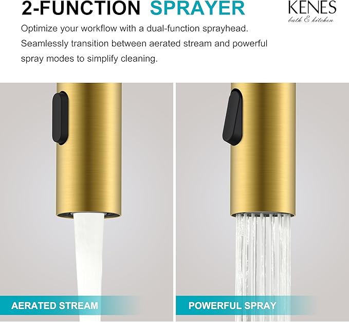 KENES Brushed Gold Single Handle Bathroom Faucet with Pull Out Sprayer, Pull Down Bathroom Sink Faucet with Sprayer, Vanity Bar Faucet with Pop Up Drain & Deck Plate, KE-9065B-4