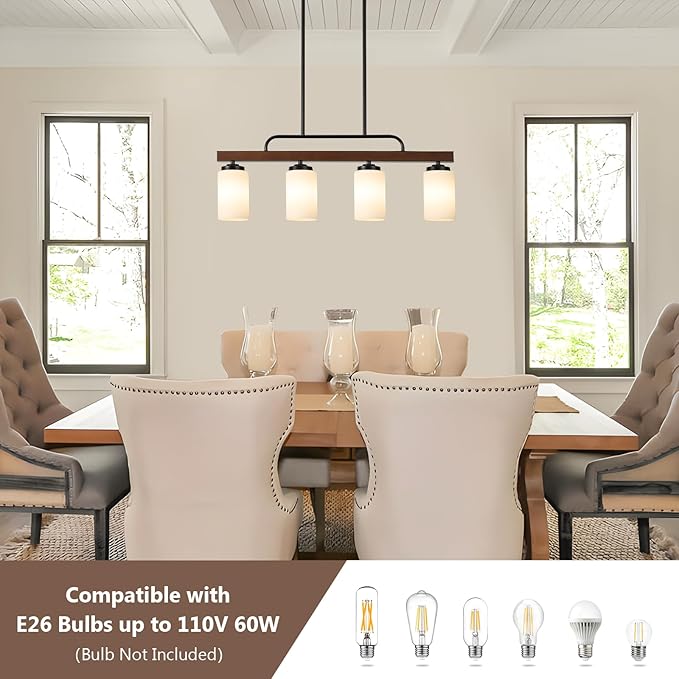 Farmhouse Dining Room Light Fixture Over Table, Black 4-Light Wood Kitchen Island Lighting with Milk White Glass, Industrial Linear Chandelier Pendant Lights
