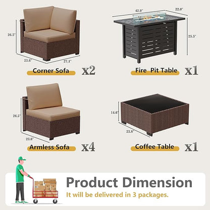 LOUVIXA 8 Piece Outdoor Patio Furniture Set, Outdoor Sectional Sofa with Firepit Table, Wicker Rattan Patio Furniture, Patio Conversation Set with Coffee Table & Cushions