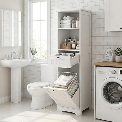 Casaphoria 55 Inch Tall Laundry Sorter Cabinet, Narrow Bathroom Storage Cabinet with Tilt-Out Hamper and Drawer, Freestanding Space-Saving Organizer for Laundry Room, White