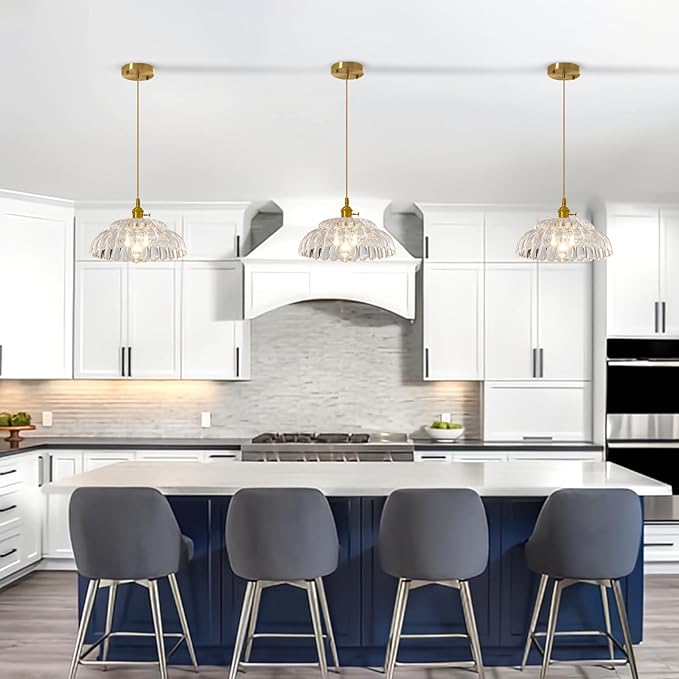 Clear Glass Pendant Light with Striped Shade, Adjustable Brass Vintage Hanging Light Fixture for Kitchen Island Sink Dining Room Ceiling Hallway Lighting