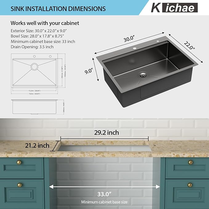 30 Black Kitchen Sink Drop In - Kichae 30 x 22 Drop In Kitchen Sink Workstation Gunmetal Black Nano Coating 304 Stainless Steel 16 Gauge with Glass Rinser & Cutting Board