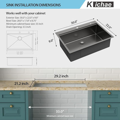 30 Black Kitchen Sink Drop In - Kichae 30 x 22 Drop In Kitchen Sink Workstation Gunmetal Black Nano Coating 304 Stainless Steel 16 Gauge with Glass Rinser & Cutting Board