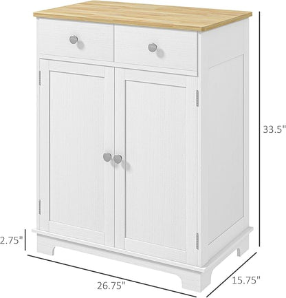 HOMCOM Sideboard Buffet Cabinet with Solid Wood Countertop, Modern Kitchen Storage Cabinet, Coffee Bar Cabinet with 2 Drawers, Doors and Adjustable Shelf, Distressed White