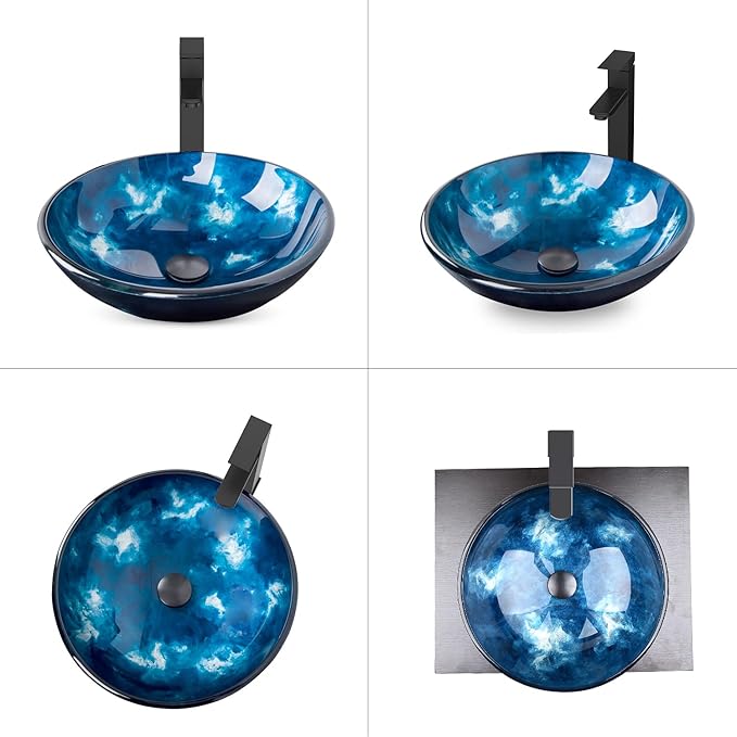 Bathroom Artistic Vessel Sink, Tempered Glass Vanity Round Bowl with Oil Rubber Bronze Faucet and Pop up drain Set, Ocean Blue