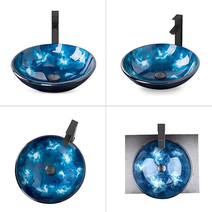 Bathroom Artistic Vessel Sink, Tempered Glass Vanity Round Bowl with Oil Rubber Bronze Faucet and Pop up drain Set, Ocean Blue