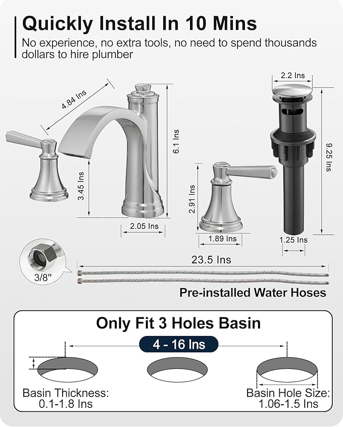 Brass Waterfall Bathroom Faucets, Brushed Nickel Bathroom Faucet 4-16 Inch, 2 Handle Widespread Bathroom Sink Faucet 3 Hole with Pop Up Drain and Supply Lines