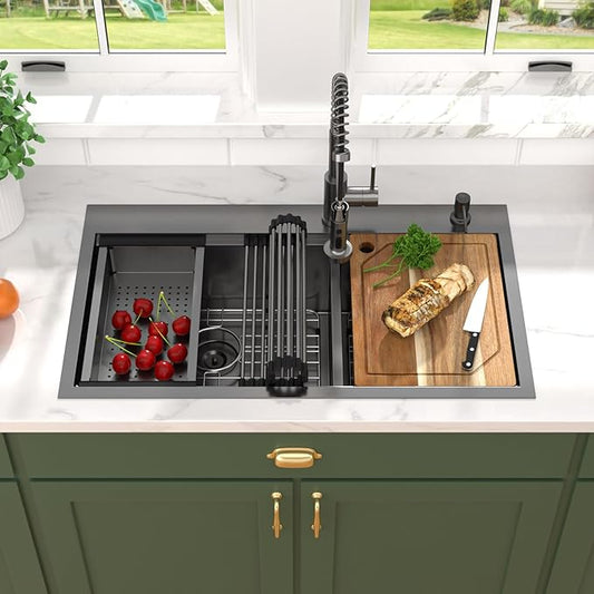 36 Inch Double Bowl Kitchen Sinks with Faucet - 36x19 Drop In Workstation All-In One Gunmetal Black Kitchen Sink Topmount Stainless Steel 16 Gauge Double Bowl 60/40 Split Sinks #TL-FDOE00101