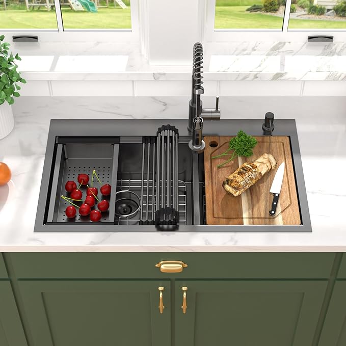 33"x19" Drop In Kitchen Sink - Double Bowl Workstation Black Kitchen Sink with Faucet 16 Gauge Stainless Steel Topmount Double Bowl 60/40 Split Over Mount Sinks Round Corner #TLT-0028