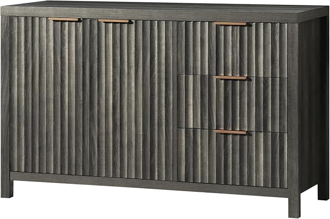 OAKHAM HOME Oxford Fluted Sideboard Buffet Cabinet with Storage, 47" Modern Credenza with 3 Drawers, Media Console Mid Century Storage Cabinet for Living Room Entryway(Black Oak)