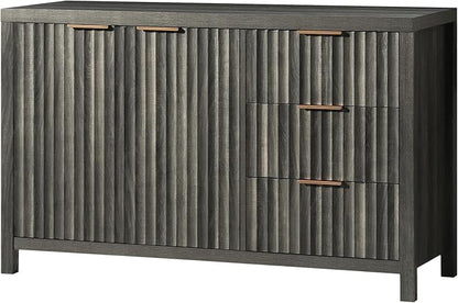OAKHAM HOME Oxford Fluted Sideboard Buffet Cabinet with Storage, 47" Modern Credenza with 3 Drawers, Media Console Mid Century Storage Cabinet for Living Room Entryway(Black Oak)