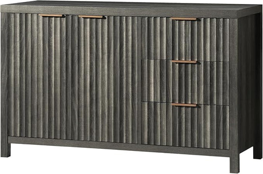 OAKHAM HOME Oxford Fluted Sideboard Buffet Cabinet with Storage, 47" Modern Credenza with 3 Drawers, Media Console Mid Century Storage Cabinet for Living Room Entryway(Black Oak)