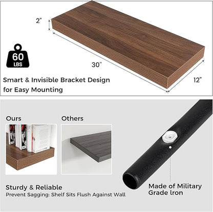 Venusmiles Floating Shelves for Wall, 30" W x 12" D x 2" H, 2 Pack of Long Wall Mounted Engineered Wood Shelves with Invisible Brackets for Living Room, Bedroom, Bathroom, Kitchen Decor, Walnut