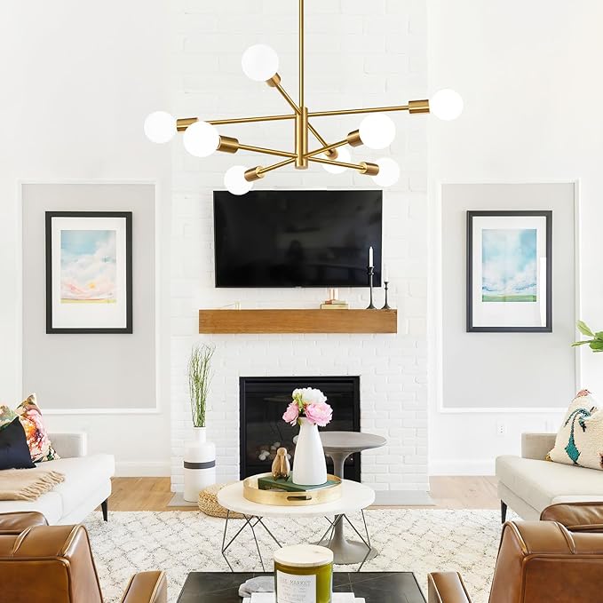 30" Modern Chandelier Ceiling Light Fixture, 8-Light Sputnik Chandeliers Brushed Gold Mid Century Chandelier Over Table, Height Adjustable Chandeliers for Dining Room Kitchen (Bulbs Not Included)