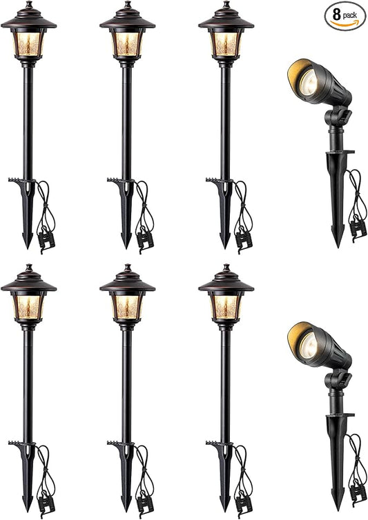 EDISHINE 8 Pack Low Voltage Landscape Lights Kit, 3W 120LM LED Pathway Lights & 3.2W 240LM Spotlights, 12V Outdoor Landscape Lighting with Connectors, Aluminum Landscape Light for Yard Path, Garden