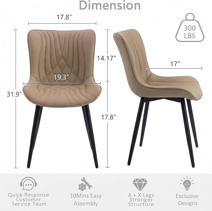 Kidol & Shellder Dining Chairs Set of 2, Mid Century Modern Kitchen Chairs with Metel Legs Armless, PU Leather Upholstered Side Chair for Dining Room, Living Room, Lounge, Restaurant, Khaki