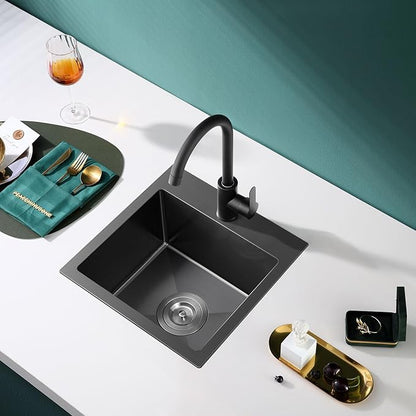 18x18 Inch Drop in Kitchen Sink, TSIBOMU 18 Inch 304 Stainless Steel Handmade Kitchen Sink,Single Faucet Hole Single Bowl Topmount Kitchen Bar Sink,Black