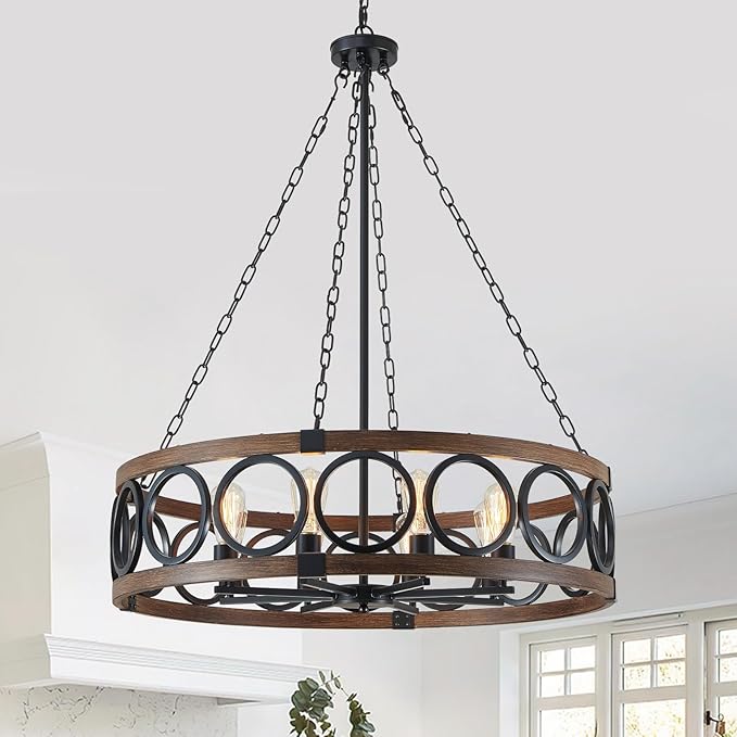 XINGQI 32.3" Large Drum Chandelier Farmhouse Black 8 Light Modern Rustic Pendant Lighting Fixture for Living Room Dining Room Kitchen Island Bar Office