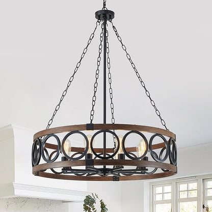 XINGQI 32.3" Large Drum Chandelier Farmhouse Black 8 Light Modern Rustic Pendant Lighting Fixture for Living Room Dining Room Kitchen Island Bar Office