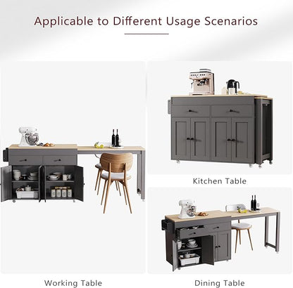 Ball & Cast 75" Kitchen Island with Extendable Dining Table,Rolling Dining Islands Cart On Wheels W/Spice Rack & 2 Drawers,Mobile Storage Kitchen Cart W/ 4 Door Cabinet,for Kitchen,Dining Room,Grey