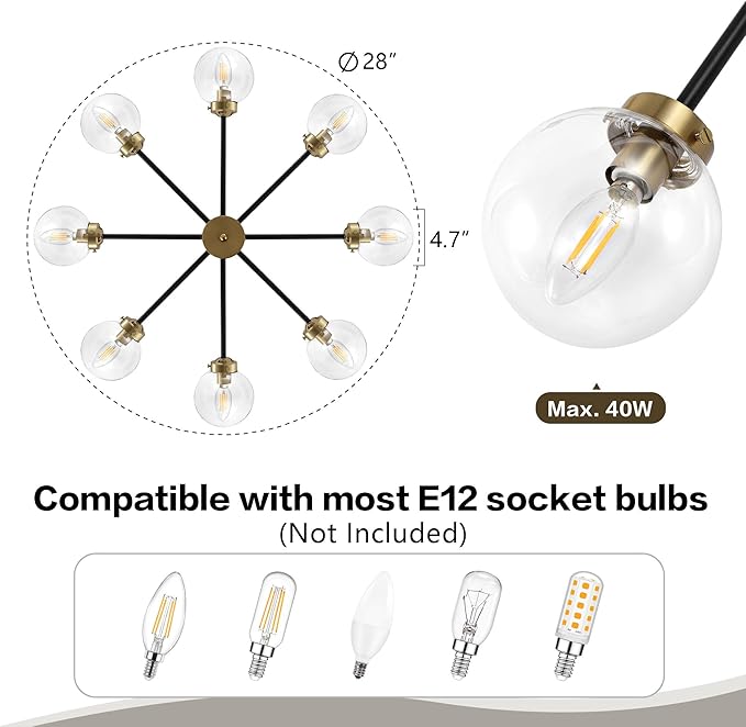WINGBO 8-Light Sputnik Chandelier, Modern Pendant Light Fixture with 4.7" Clear Glass Globe Shade for Flat and Slop Ceiling, Height Adjustable for Kitchen Living Room Dining Room Bedroom, Black