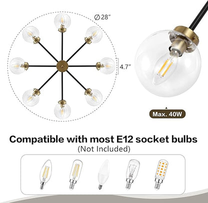 WINGBO 8-Light Sputnik Chandelier, Modern Pendant Light Fixture with 4.7" Clear Glass Globe Shade for Flat and Slop Ceiling, Height Adjustable for Kitchen Living Room Dining Room Bedroom, Black