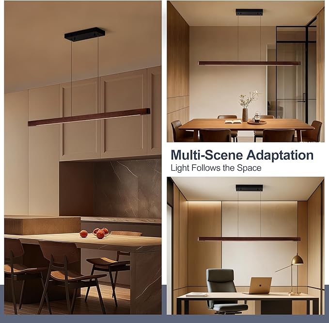 59" Wood Linear Pendant Light, 24W LED Hanging Pendant Light, Pendant Lights Kitchen Island with Remote, Adjustable Linear Chandelier for Dining Room, Kitchen Island, Bar, Offices-Walnut