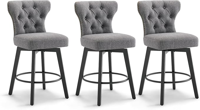 KISLOT Counter Height Barstools 26 inch Upholstered Button Tufted Swivel Bar Stools with Back for Kitchen Island,Set of 3,Dark Grey Fabric