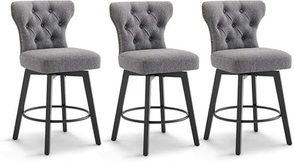 KISLOT Counter Height Barstools 26 inch Upholstered Button Tufted Swivel Bar Stools with Back for Kitchen Island,Set of 3,Dark Grey Fabric