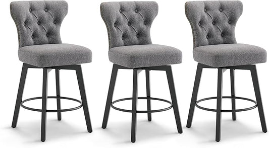 KISLOT Counter Height Barstools 26 inch Upholstered Button Tufted Swivel Bar Stools with Back for Kitchen Island,Set of 3,Dark Grey Fabric