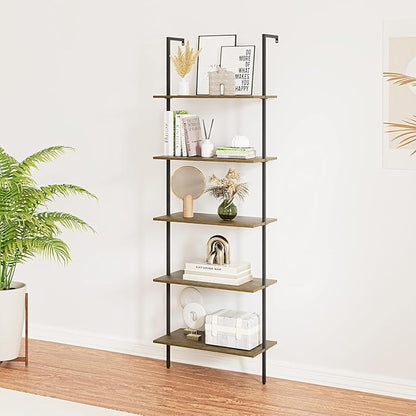 Wolawu 5 Tiers Ladder Shelf Brown Modern Bookshelf Open Tall Wall Mount Bookcase Standing Leaning Wall Shelves Industrial Decorative Living Room Bed Room