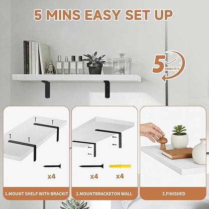 Easy Install Floating Shelves, 15.7 Inch Wall Mounted Wood Shelf,Hanging Shelf for Home Decor, Books and Storage, Small Organizer for Bedroom, Bathroom, Kitchen, Set of 3, White