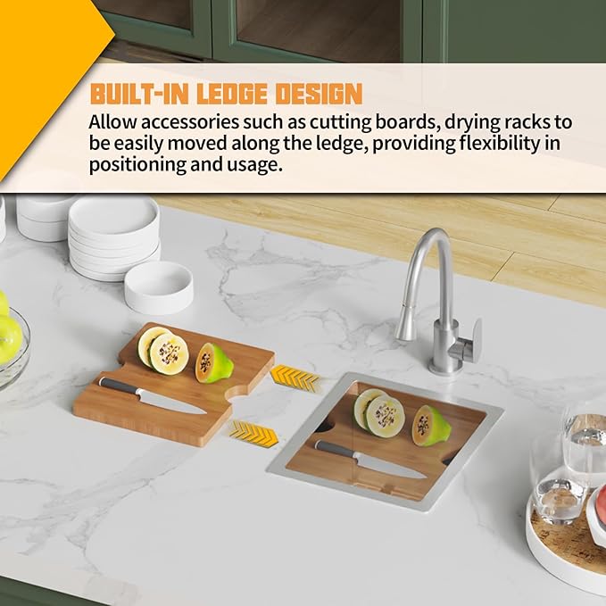13x15In Kitchen And Bar Workstation Sink- Small Stainless Steel Undermount Single Bowl Bar Sink Built-in Ledge Drop In Workstation Sink With Accessory-SS Grid Cutting Board,Silicon Mat,Drain Assembly
