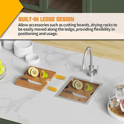 13x15In Kitchen And Bar Workstation Sink- Small Stainless Steel Undermount Single Bowl Bar Sink Built-in Ledge Drop In Workstation Sink With Accessory-SS Grid Cutting Board,Silicon Mat,Drain Assembly