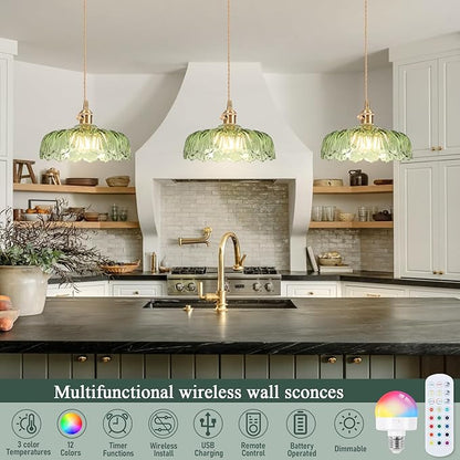 Battery Operated Pendant Light,Vintage Light Fixtures RGB Light Bulb 2500mAh 9.4in Green Modern Chandelier with Remote Control Wireless Adjustable Rechargeable Chandelier for Kitchen Island 1Light