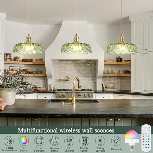 Battery Operated Pendant Light,Vintage Light Fixtures RGB Light Bulb 2500mAh 9.4in Green Modern Chandelier with Remote Control Wireless Adjustable Rechargeable Chandelier for Kitchen Island 1Light