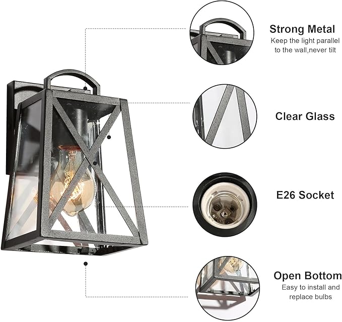 Black Outdoor Wall Sconce Lights, Farmhouse Trapezoid Anti-Rust Waterproof Outdoor Porch Lights Wall Mount Exterior Light Fixture with Clear Glass for Patio, Froot Door, Garage